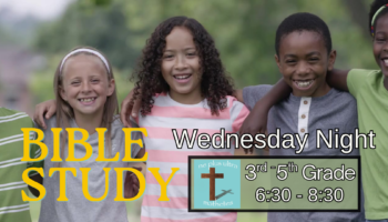 Four smiling kids outdoors with a Bible study event flyer overlay for 3rd–5th grade, Wednesday night in bold text.